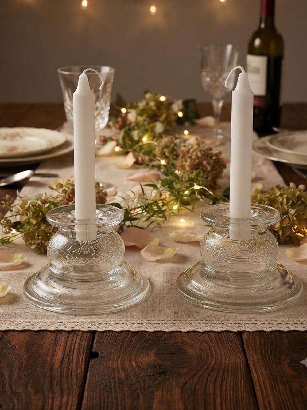 Pair of 1980s Indiana Glass Recollection clear candle holders